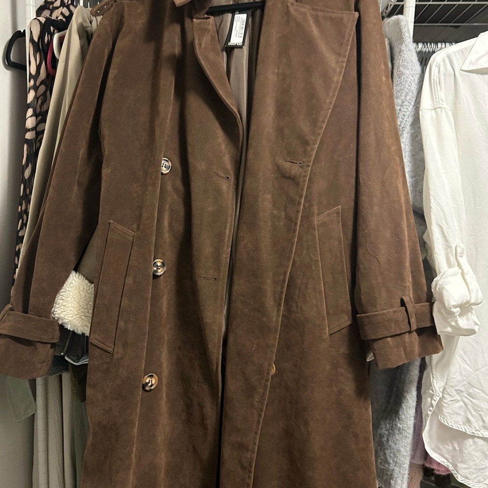 Boohoo Classic Chocolate Faux Suede Trench Coat BNWT
